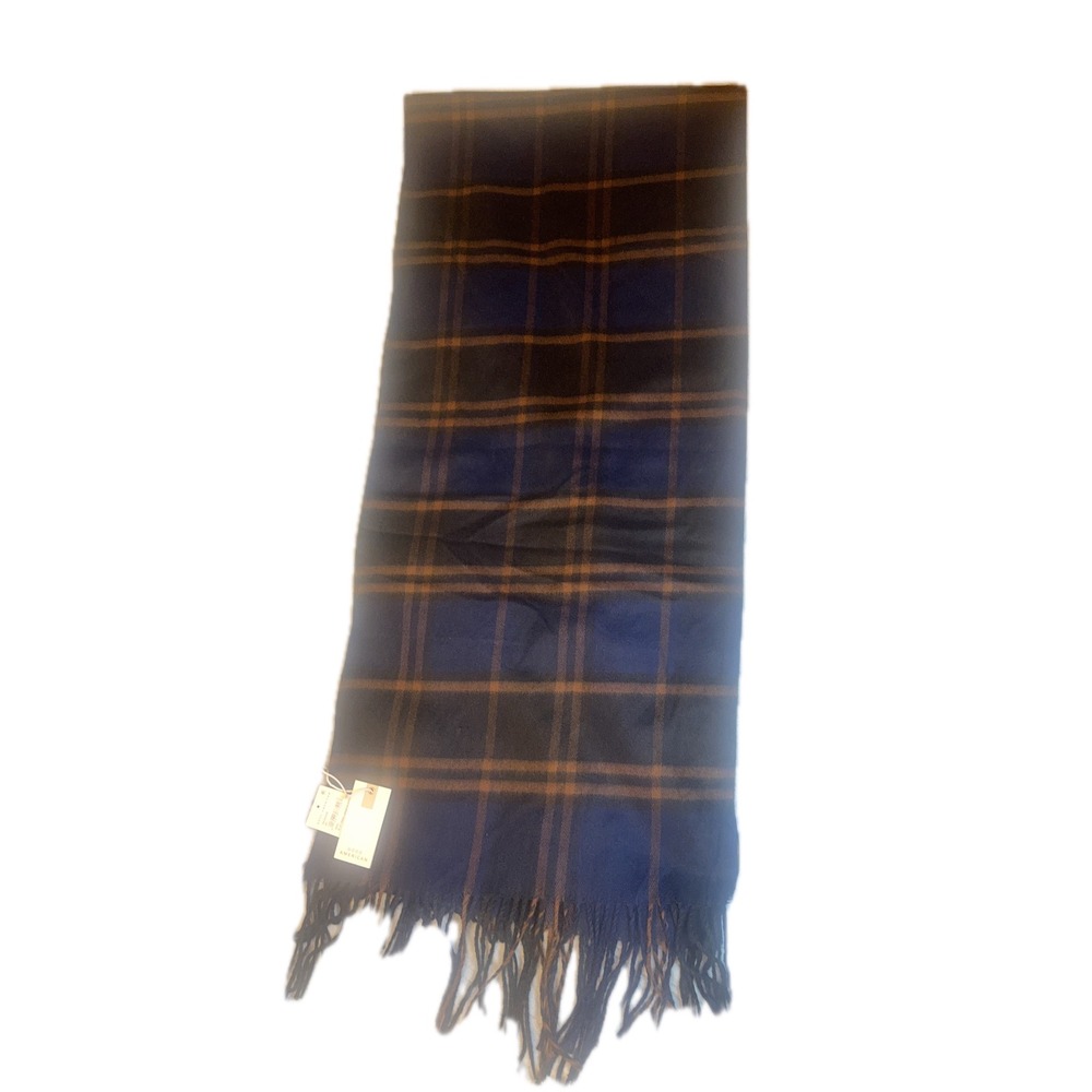 NWT‎ Good American Blue Rinse Plaid Oversized Scarf Wrap Wool Blend Fringe